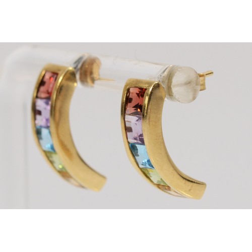 215 - A pair of 9ct gold multi gemstone earrings, to include garnet, amethyst, topaz, peridot and citrine,... 