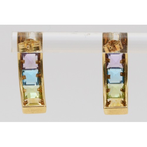 215 - A pair of 9ct gold multi gemstone earrings, to include garnet, amethyst, topaz, peridot and citrine,... 