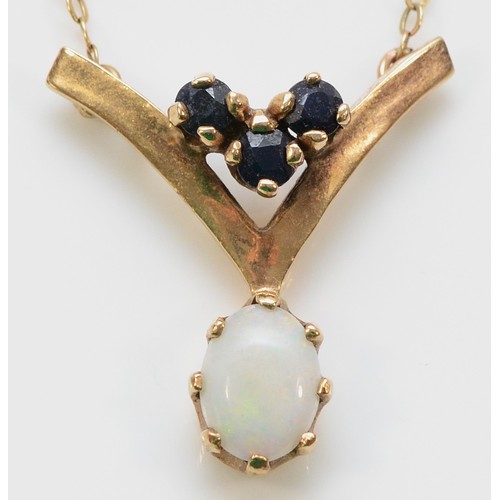 220 - A 9ct gold opal and sapphire necklace, London 1979, 20mm drop, 2g