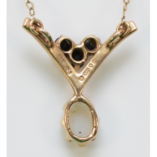 220 - A 9ct gold opal and sapphire necklace, London 1979, 20mm drop, 2g