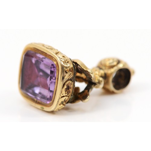 225 - An unmarked 15ct gold foil backed amethyst uncarved fob pendant, 20mm length, 4.3g