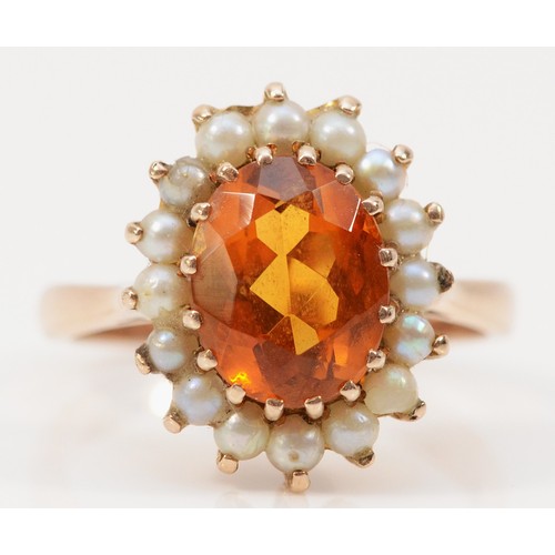 231 - A 9ct rose gold citrine and seed pearl cluster ring, 10mm x 8mm citrine, N, 4.6g