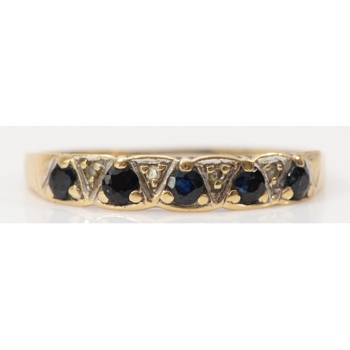 243 - A 9ct gold sapphire and diamond half eternity ring, M, 1.2g