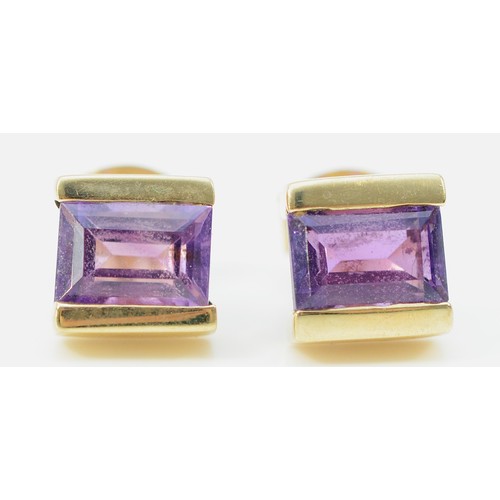 246 - A pair of 9ct gold amethyst earrings with scroll backs, 6mm x 6mm, 1.5g