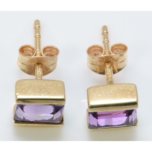 246 - A pair of 9ct gold amethyst earrings with scroll backs, 6mm x 6mm, 1.5g