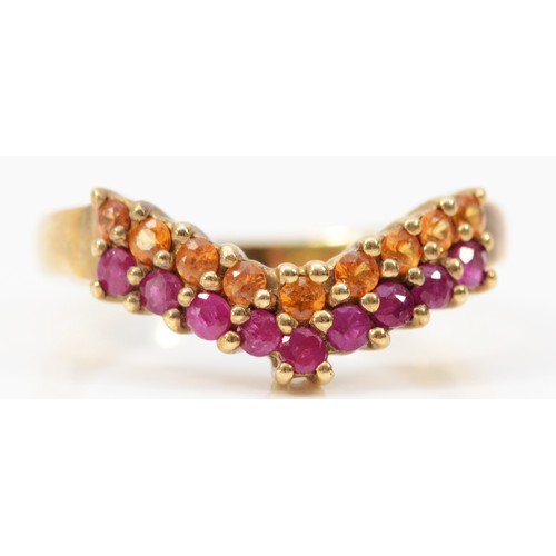 261 - A 9ct gold ruby and orange gemstone two row wishbone ring, P, 3.5g