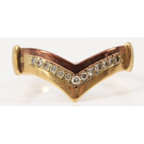 264 - A 9ct gold diamond wishbone ring, London 1982, P, 2.2g