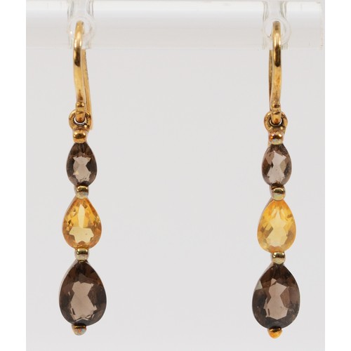 266 - A pair of 9ct gold smokey quartz and citrine drop earrings with hooks, 23mm drop,2.2g