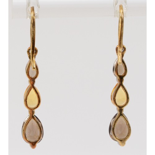 266 - A pair of 9ct gold smokey quartz and citrine drop earrings with hooks, 23mm drop,2.2g