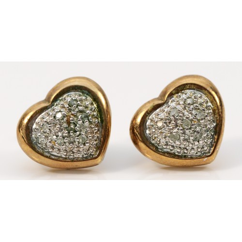 281 - A pair of 9ct gold pave set heart shaped earrings with scroll backs, 2.3g