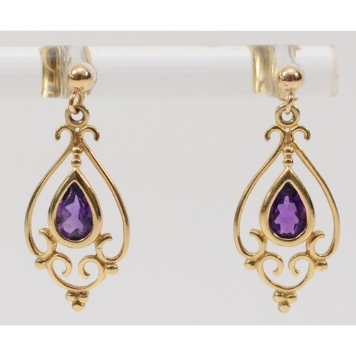 285 - A pair of 9ct gold amethyst drop earrings, 22mm drop, 1.3g