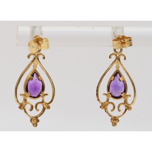 285 - A pair of 9ct gold amethyst drop earrings, 22mm drop, 1.3g