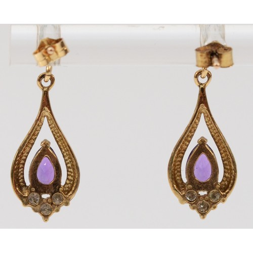 286 - A pair of 9ct gold amethyst and diamond drop earrings with scroll backs, 23mm drop, 2g