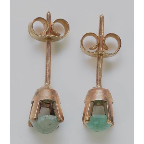 287 - A pair of 9ct gold green gemstone earrings with scroll backs, 1g