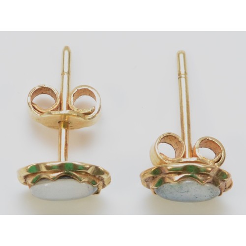 288 - A pair of 14k gold opal doublet earrings with scroll backs, 1.5g