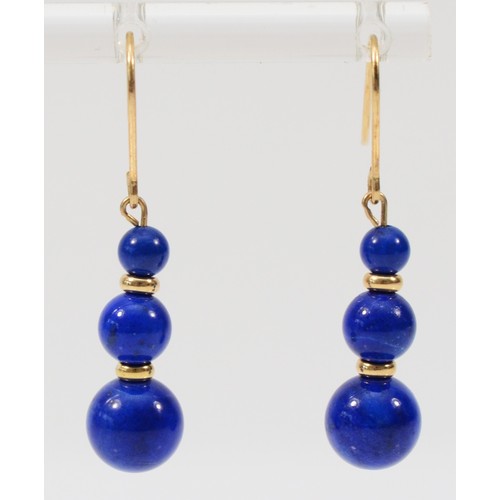 294 - A pair of 9ct gold lapis lazuli drop earrings with hooks, 23mm drop, 3g