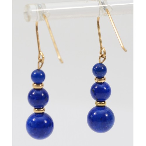 294 - A pair of 9ct gold lapis lazuli drop earrings with hooks, 23mm drop, 3g