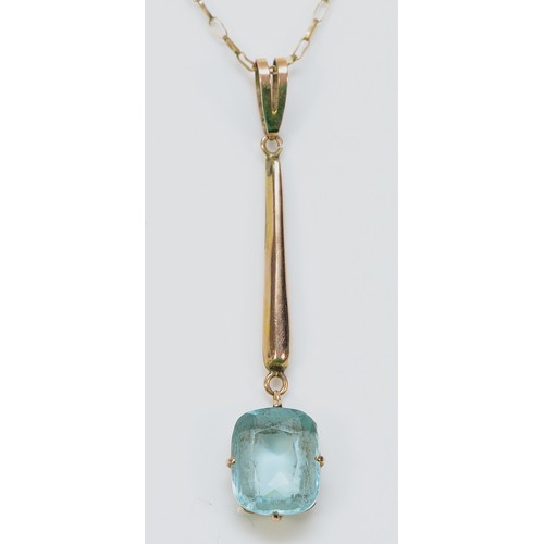 298 - A 9ct gold aquamarine paste drop pendant with a chain, 42mm drop, 1.8g