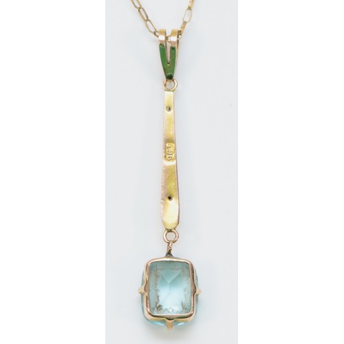 298 - A 9ct gold aquamarine paste drop pendant with a chain, 42mm drop, 1.8g