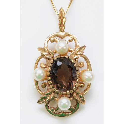 301 - A 9ct gold smokey quartz and cultured pearl pendant with a chain, 22mm pendant, 3g