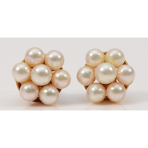 302 - A pair of 9ct gold cultured pearl cluster earrings with scroll backs, 12mm diameter, 2.9g