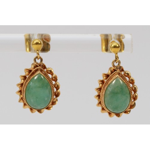 303 - A pair of 9ct gold jade drop earrings with scroll backs, 18mm total length, 2.8g