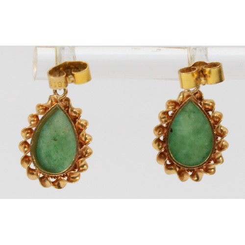 303 - A pair of 9ct gold jade drop earrings with scroll backs, 18mm total length, 2.8g