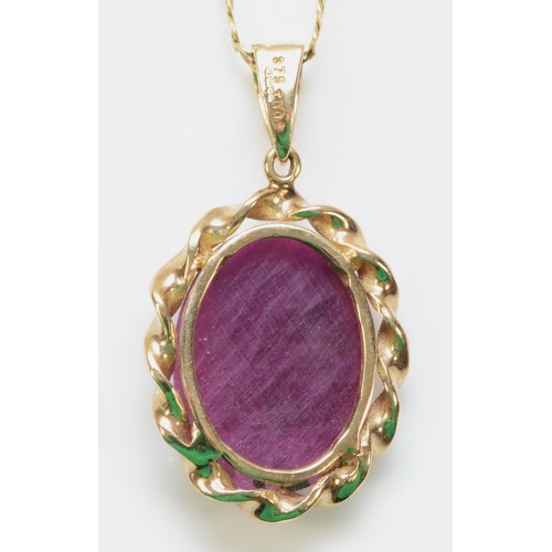 304 - A 9ct gold ruby pendant with a chain, 17mm x 13mm ruby, 4.2g