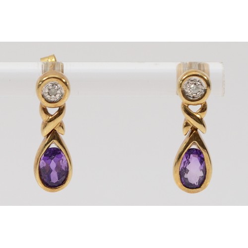 306 - A pair of 9ct gold amethyst and diamond drop earrings with scroll backs, 16mm drop, 2.5g