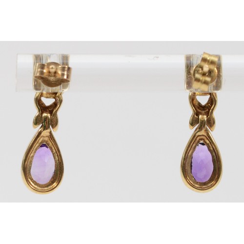 306 - A pair of 9ct gold amethyst and diamond drop earrings with scroll backs, 16mm drop, 2.5g