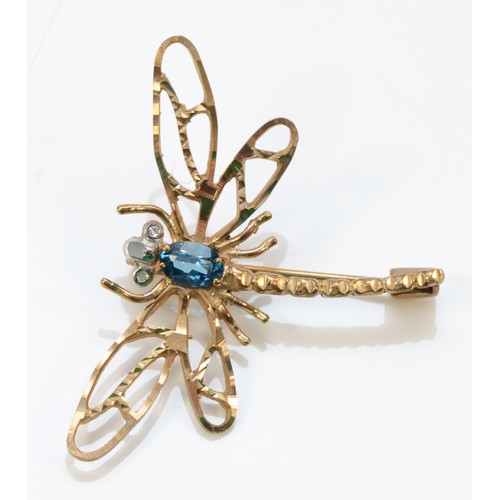 308 - A 9ct gold diamond and blue topaz dragonfly brooch, 40mm across, 3.6g