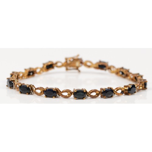 326 - A 9ct gold sapphire and diamond bracelet, 18cm, 8.9g