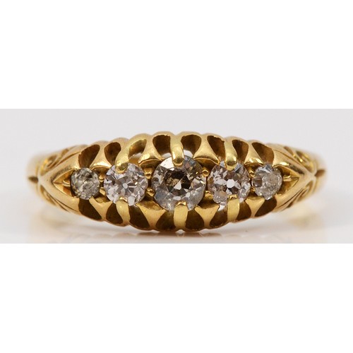 329 - An 18ct gold antique five stone diamond ring, L 1/2, 2.9g