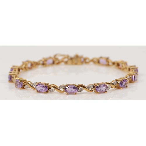 340 - A 9ct gold amethyst and diamond bracelet, 18.5cm, 8.4g