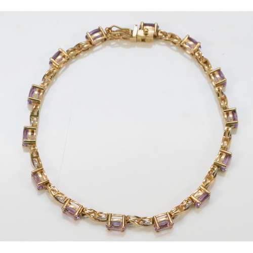 340 - A 9ct gold amethyst and diamond bracelet, 18.5cm, 8.4g