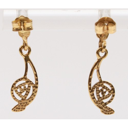 349 - A pair of 9ct gold Mackintosh style drop earrings with scroll backs, 22mm drop, 1.2g