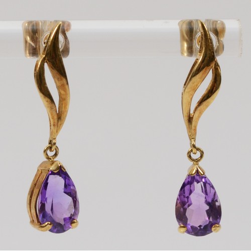 352 - A pair of 9ct gold amethyst drop earrings with scroll backs, 25mm total drop, 2.3g