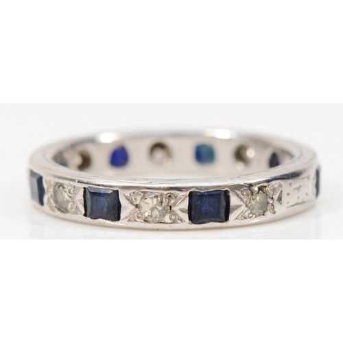 367 - A 9ct white gold sapphire and diamond full eternity ring, L, 3.5g