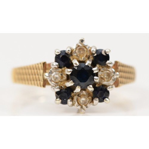 374 - A 9ct gold diamond and sapphire cluster ring, N 1/2, 3.2g