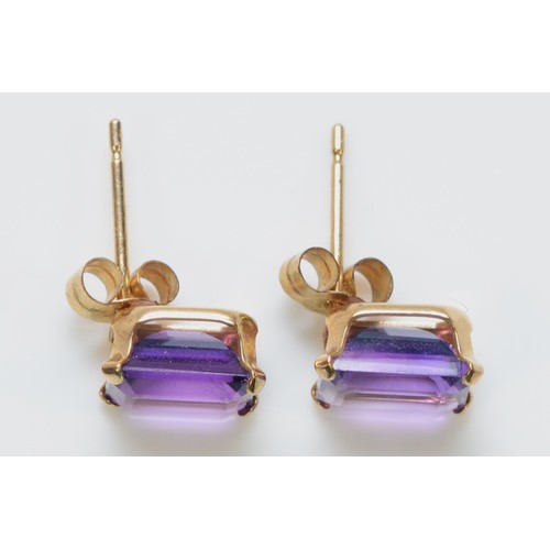 490 - A pair of 9ct gold amethyst earrings with scroll backs, 7mm x 5mm, 0.7g