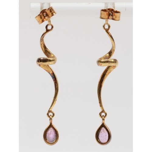 496 - A pair of 9ct gold pink sapphire spiral drop earrings with scroll backs, 40mm drop, 3g