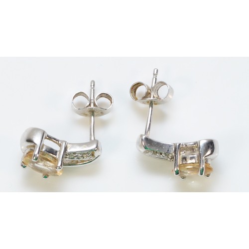 498 - A pair of 9ct white gold citrine and diamond earrings with scroll backs, 12mm drop, 2.3g