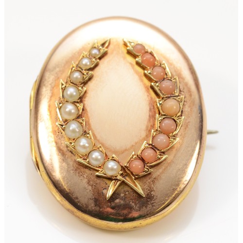 503 - An unmarked 15ct gold antique coral and seed pearl  locket brooch, converted from a pendant, 30mm x ... 