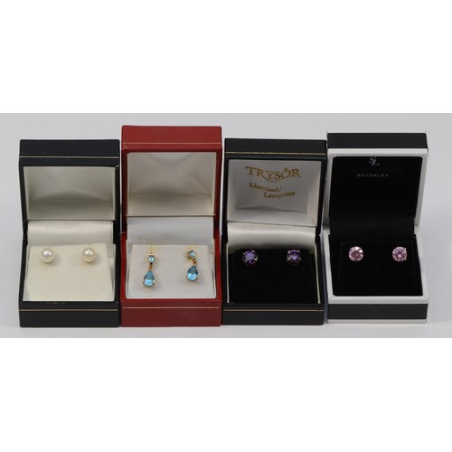 508 - A pair of cultured pearl earstuds, a pair of gilt metal earrings and two pairs of earstuds