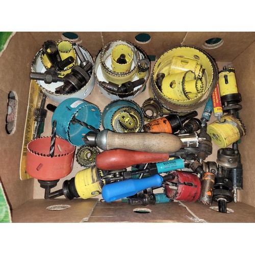 5 - Two boxes of power tools to include; holesaws, wire wheels, flap wheels and buffing tools. (2 boxes)