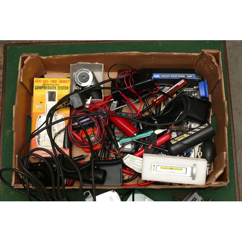 7 - A box of diagnostic, charging and calibration tools including, a Gunson timing light.