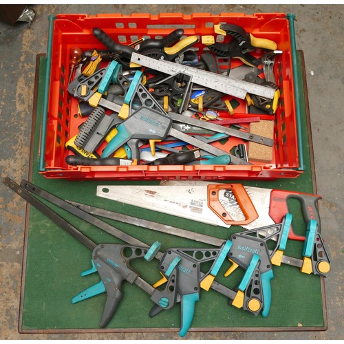 13 - A collection of joiners tools, together with cramps and clamps including Wolfcraft.