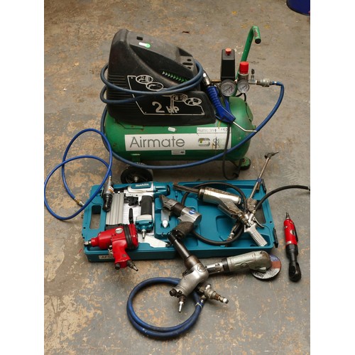 16 - An Airmate 240V compressor, together with a box of air tools and related items.