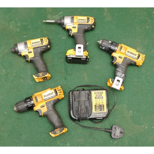 20 - A collection of Dewalt cordless tools, including two impact drivers, two drills, one battery and one... 