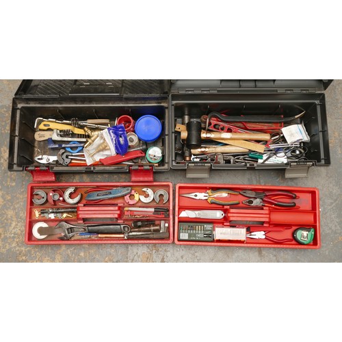 21 - Two Curver tool boxes, full of tools including Bahco pliers and adjustable spanners.